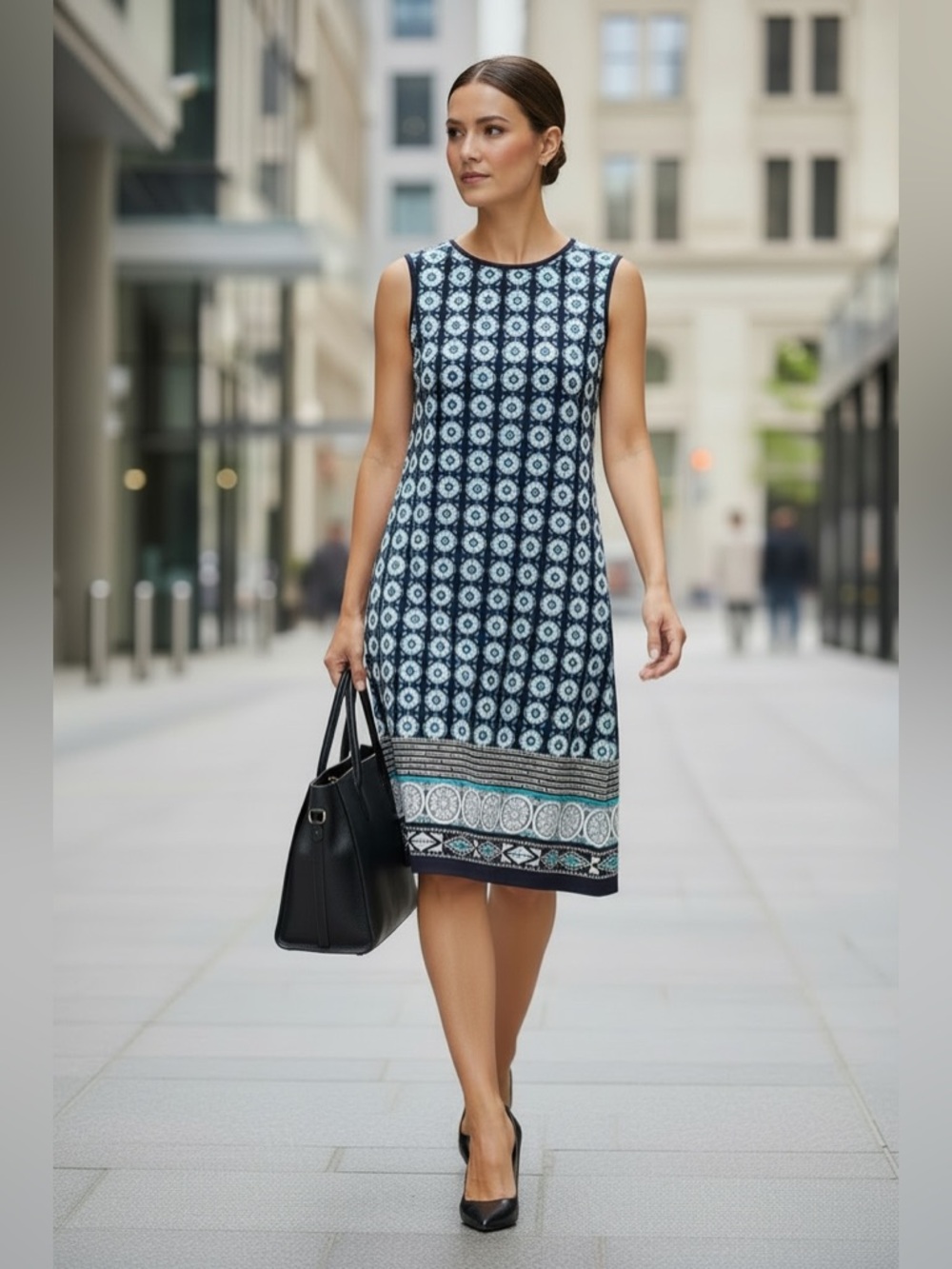 Max Studio Sleeveless Navy and White Printed Shift Dress